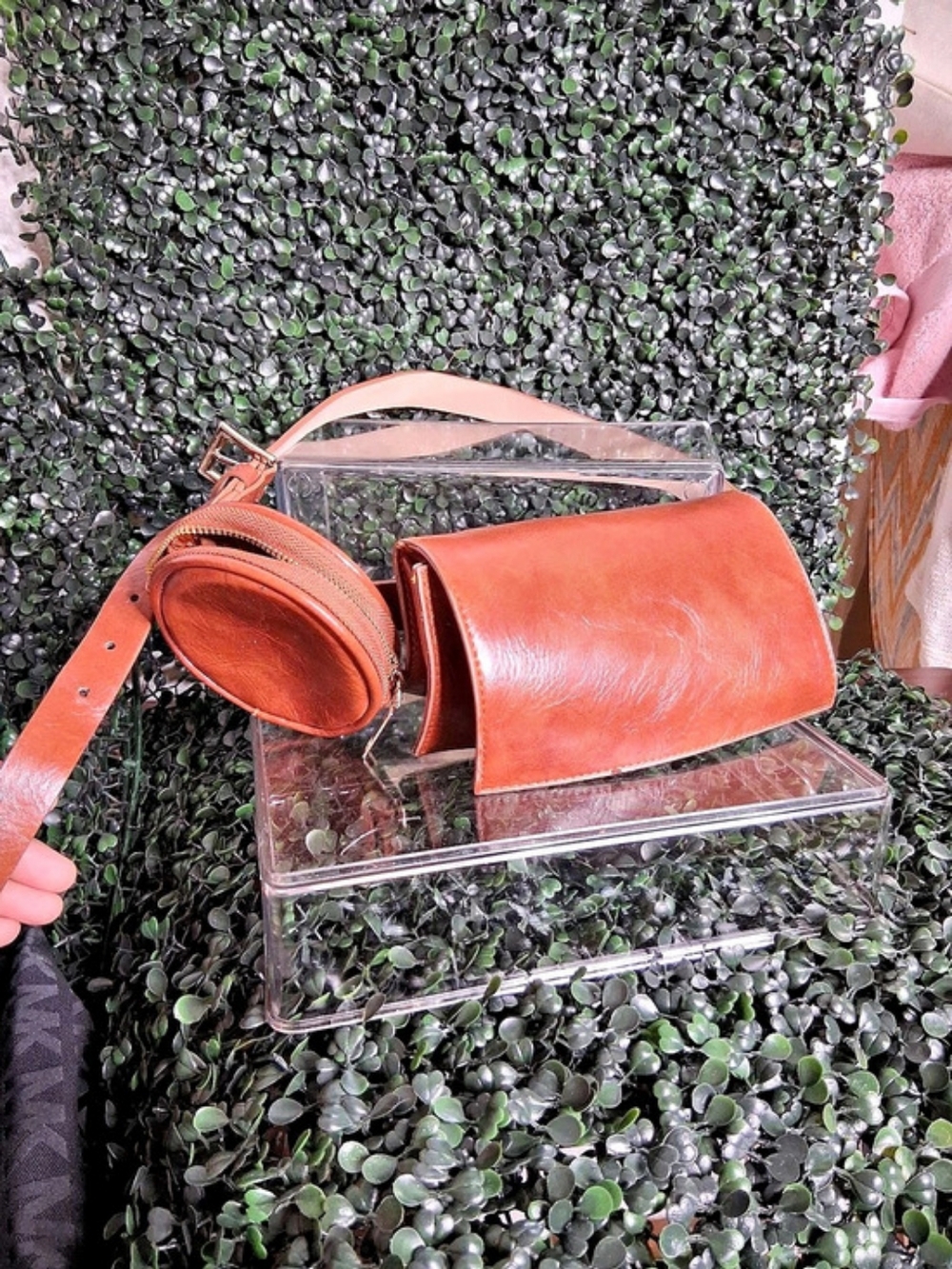 Vintage Style Tan Brown Leather Belt Bag with Round Coin Pouch